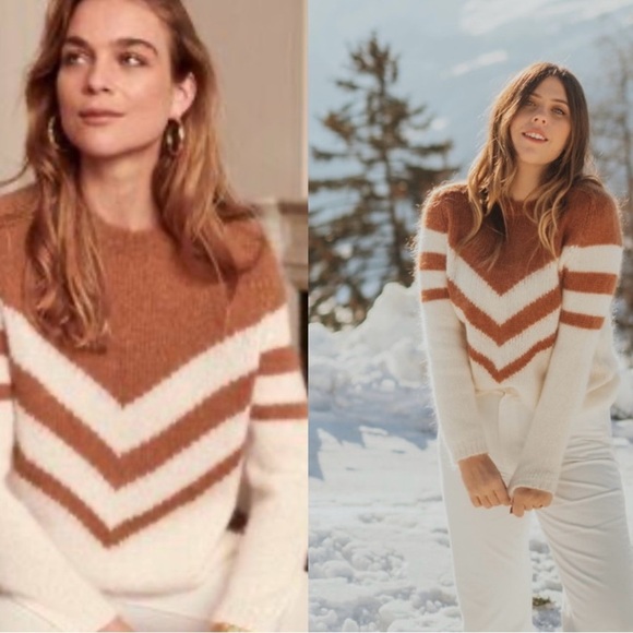 Sezane Joy Brown and White Chevron Sweater - Picture 2 of 10